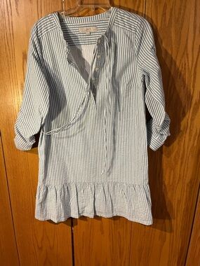 LOFT Blue and White Striped Tunic with Ruffle Hem